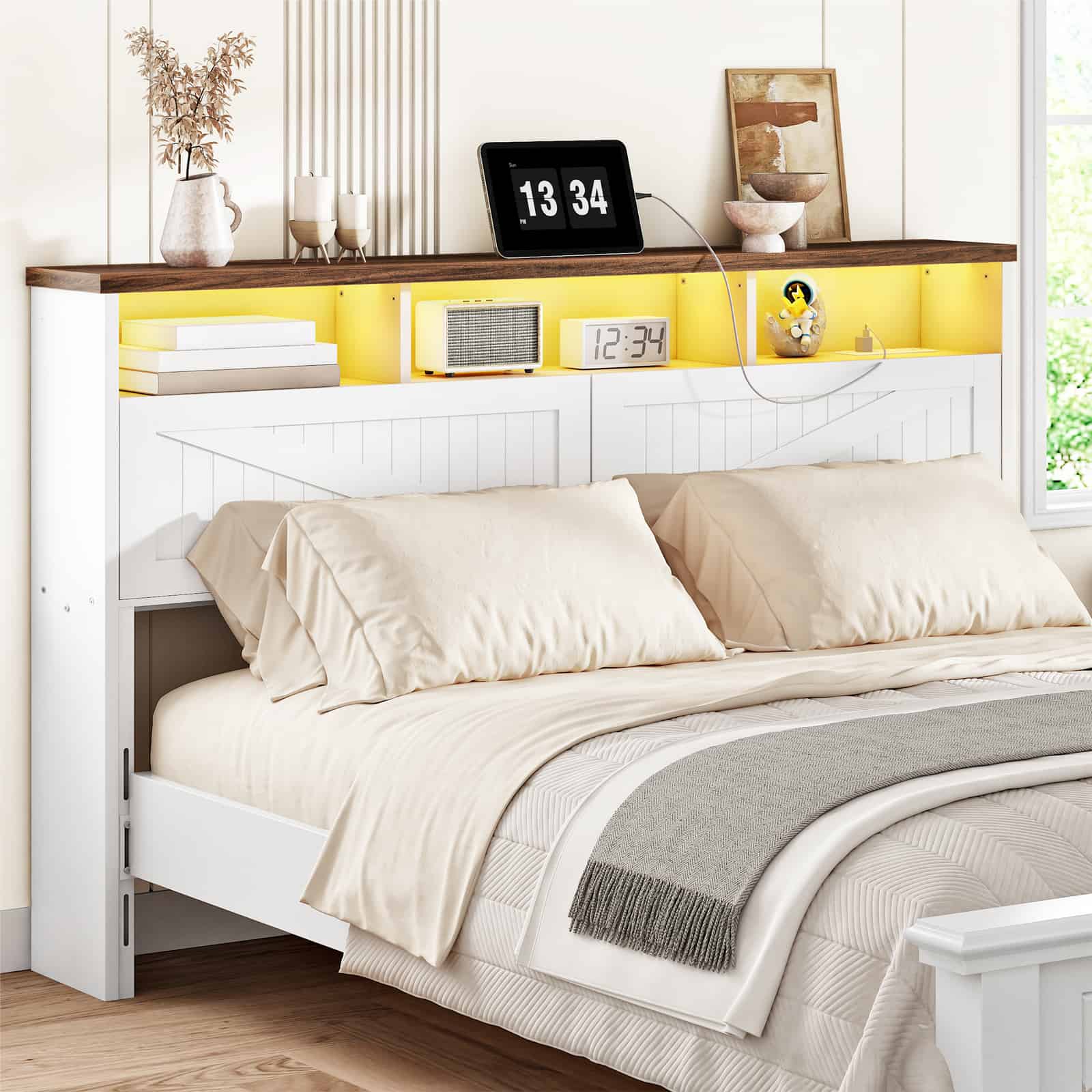 Farmhouse style wood headboard with a glowing warm yellow LED light strip styled with a digital clock next to a bed.