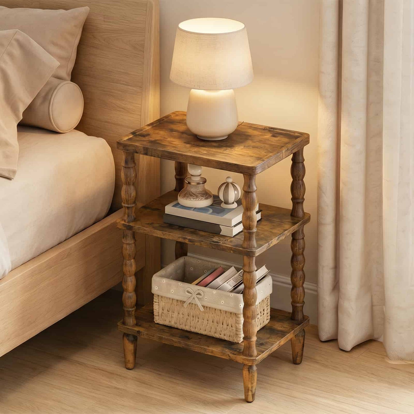 Farmhouse style wood nightstand with a glowing table lamp and books placed next to a modern bed.