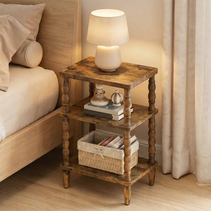 Farmhouse style wood nightstand with a glowing table lamp and books placed next to a modern bed.