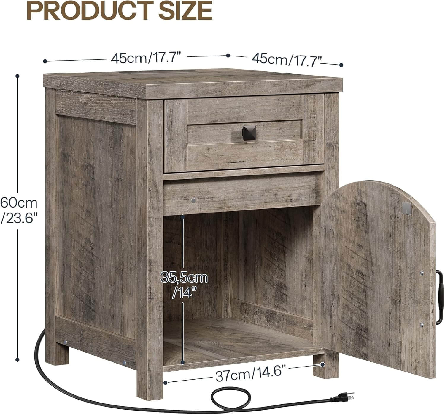 Wooden side table with dimensions labeled on a white background