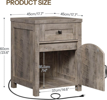 Wooden side table with dimensions labeled on a white background