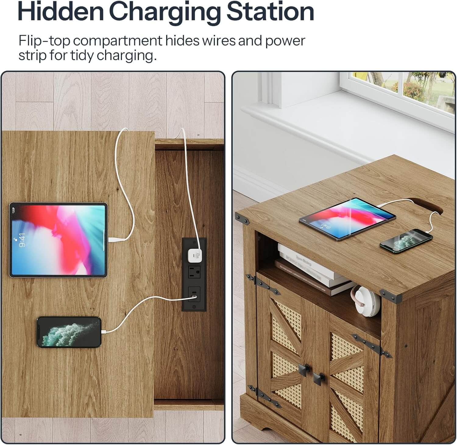 Hidden charging station with flip-top compartment on a wooden surface.