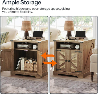 Wooden cabinet with open and closed doors, showing storage flexibility in a room setting.