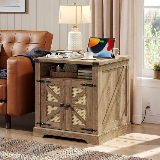 Wooden side table with a laptop, lamp, and other items in a living room setting.