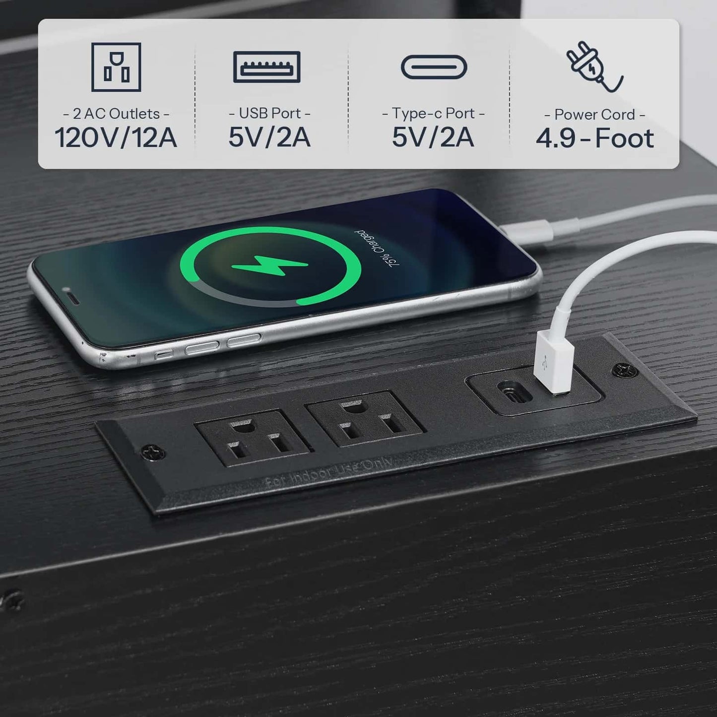 Close-up of a mobile phone fast charging via the built-in USB ports on the nightstand top surface.