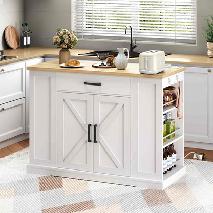 Kitchen island with wooden countertop and white cabinets, featuring a toaster and other items.