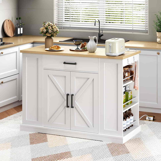 Kitchen island with wooden countertop and white cabinets, featuring a toaster and other items.