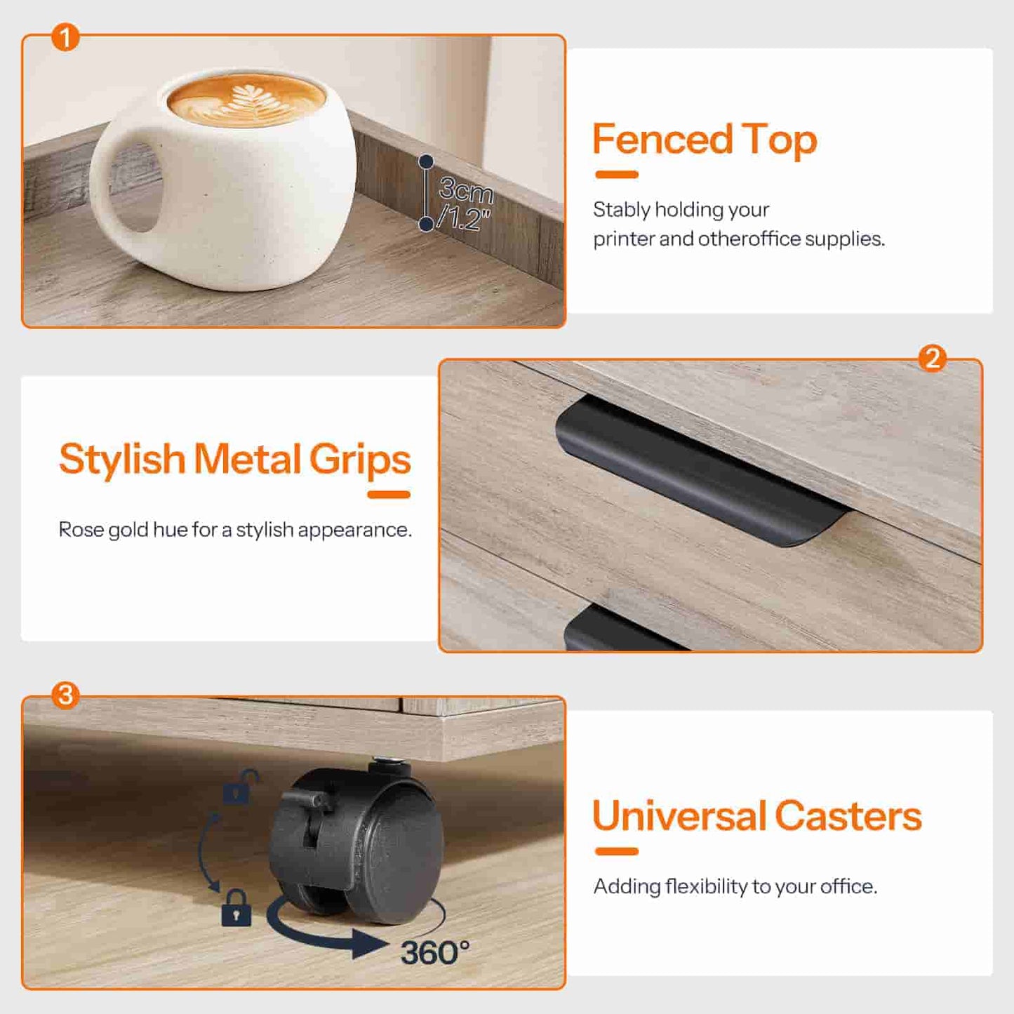  Multi-panel detail view showcasing the fenced top shelf, stylish metal handles, and 360-degree lockable universal casters.