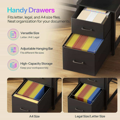Close-up of the two fabric file cabinet drawers demonstrating letter and legal size hanging folder organization options.
