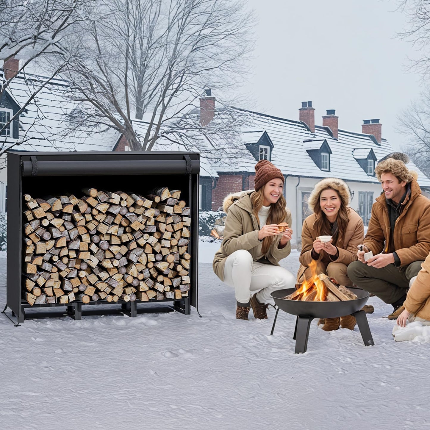 Firewood storage rack used outdoors in winter snow next to people enjoying a backyard fire pit campfire.