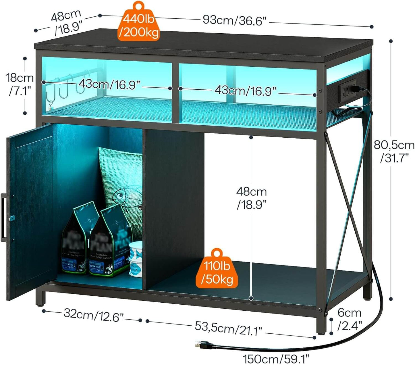 Futuristic cat cage with dimensions and weight capacity indicators on a white background