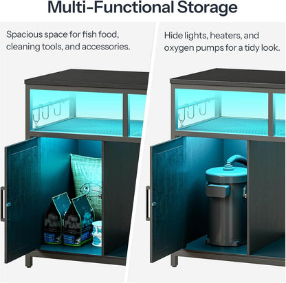 Multi-functional storage unit with open doors showing fish food, cleaning tools, and accessories.