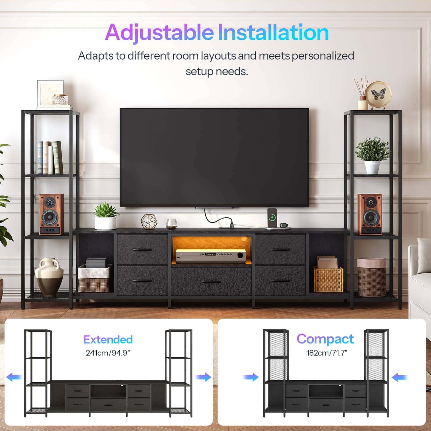 Black metal shelving and media console set shown in a styled room scene with a TV mounted above, plus two inset diagrams at the bottom showing extended and compact installation options. Text at the top reads 'Adjustable Installation' and describes adapting to room layouts.