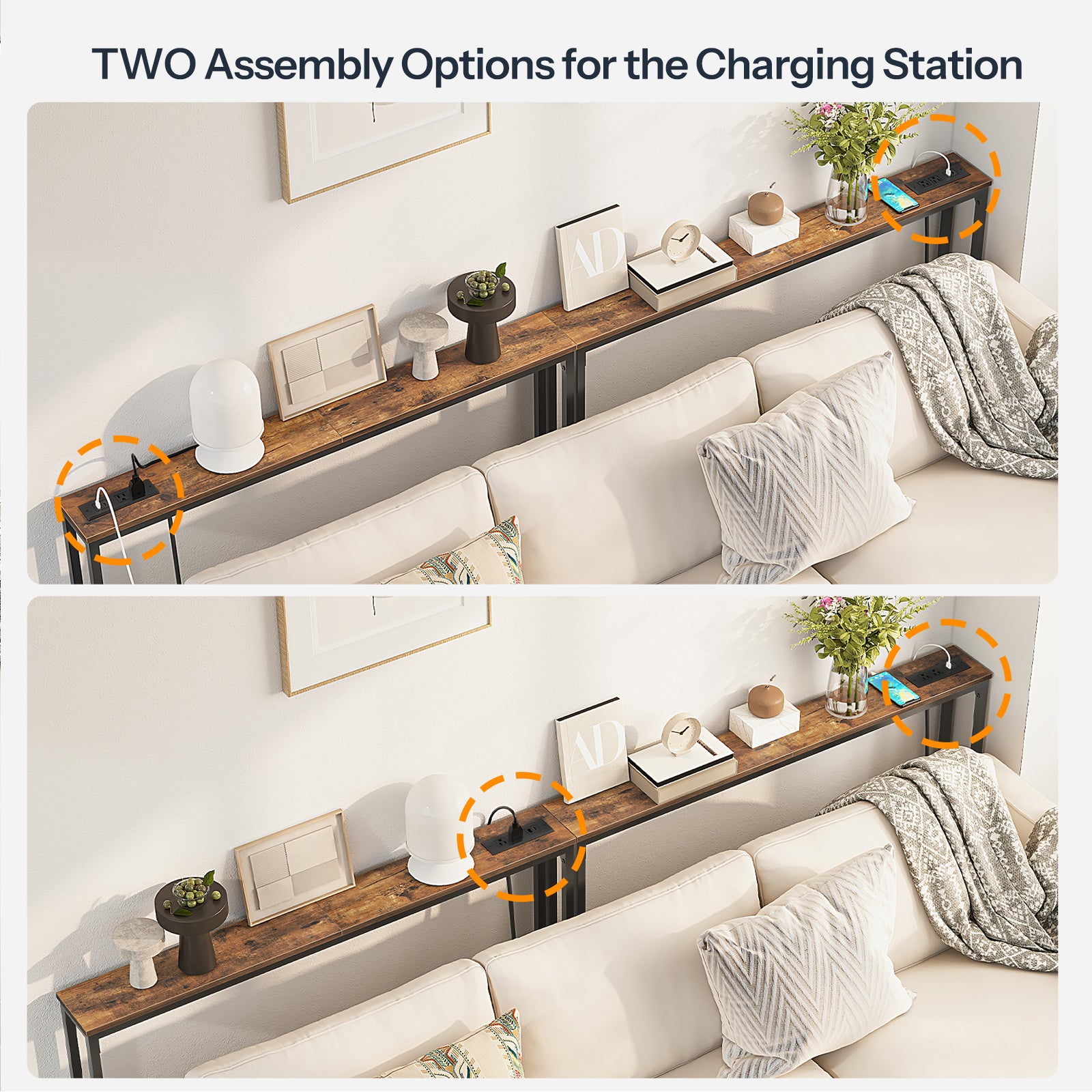 Two assembly options for the charging station showing flexible left or right power placement