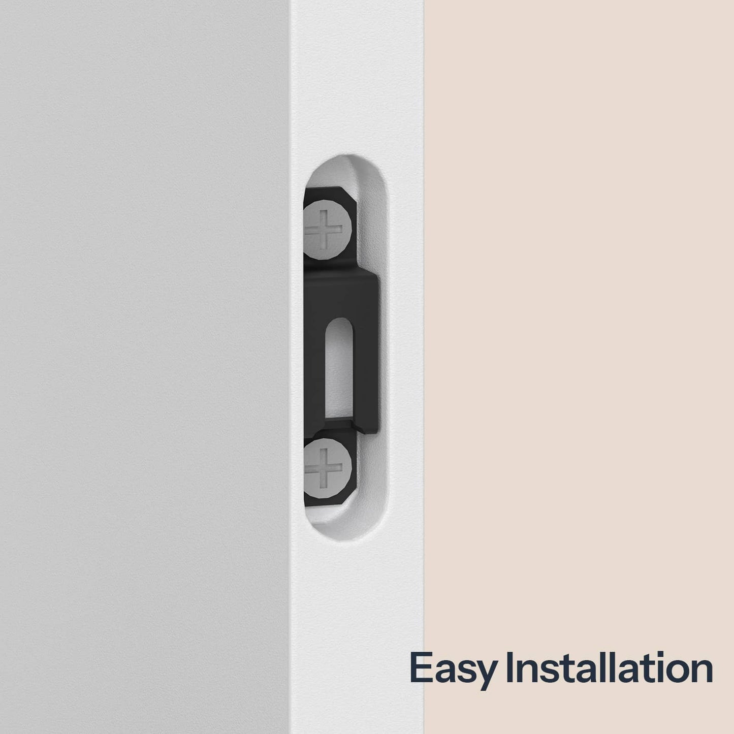 Close-up of the easy installation hidden wall mount hardware and high quality composite wood panels.