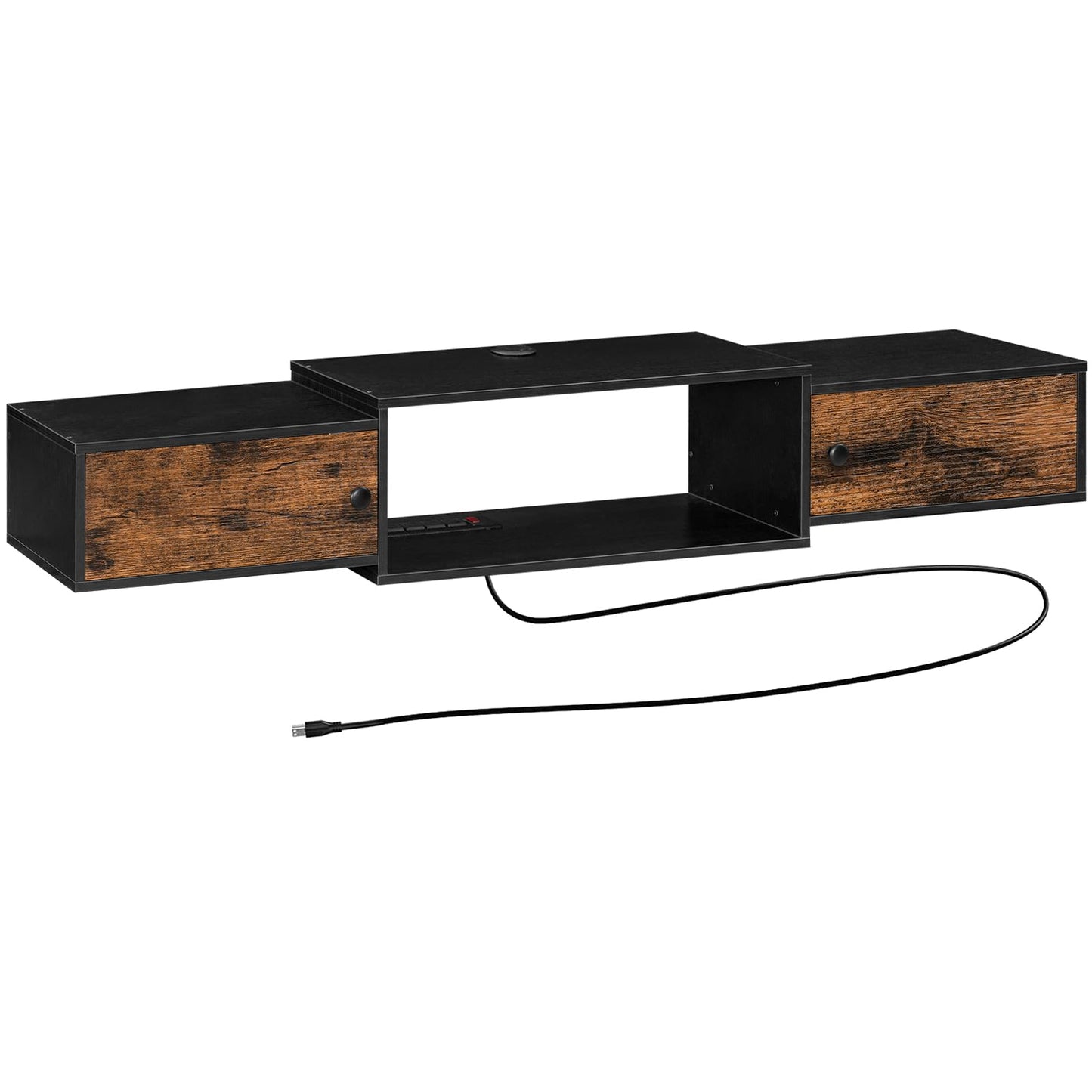 Black and wood TV stand with cable on a white background