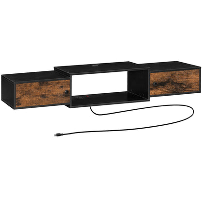 Black and wood TV stand with cable on a white background