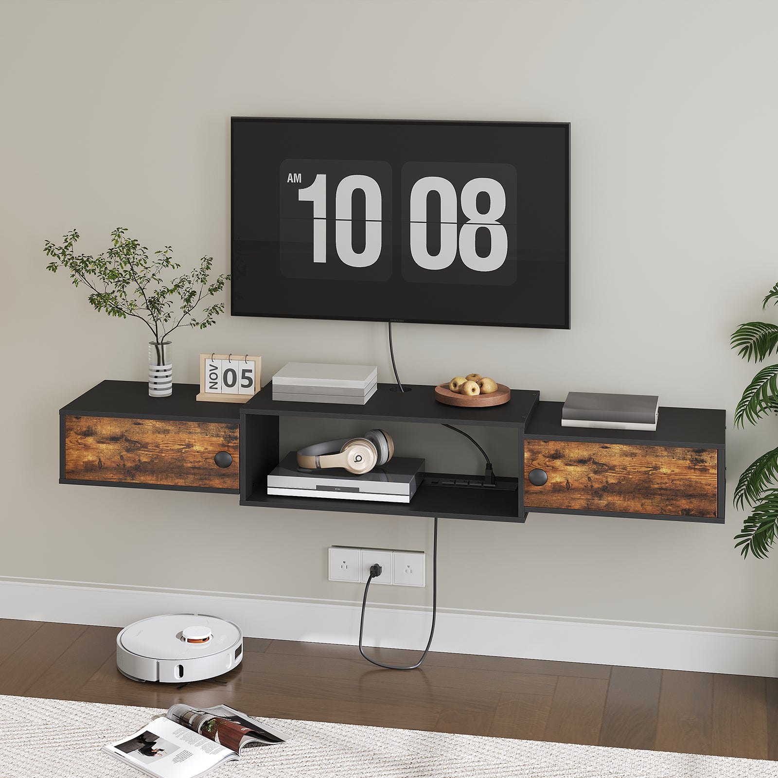 Modern living room with a floating shelf, digital clock, and robot vacuum cleaner.