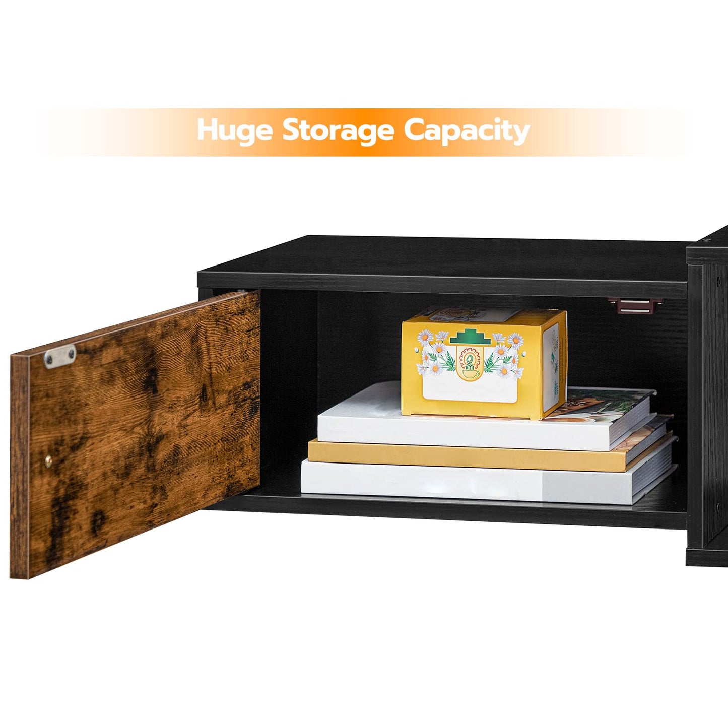 Black storage cabinet with open door showing books and a box, labeled 'Huge Storage Capacity'.