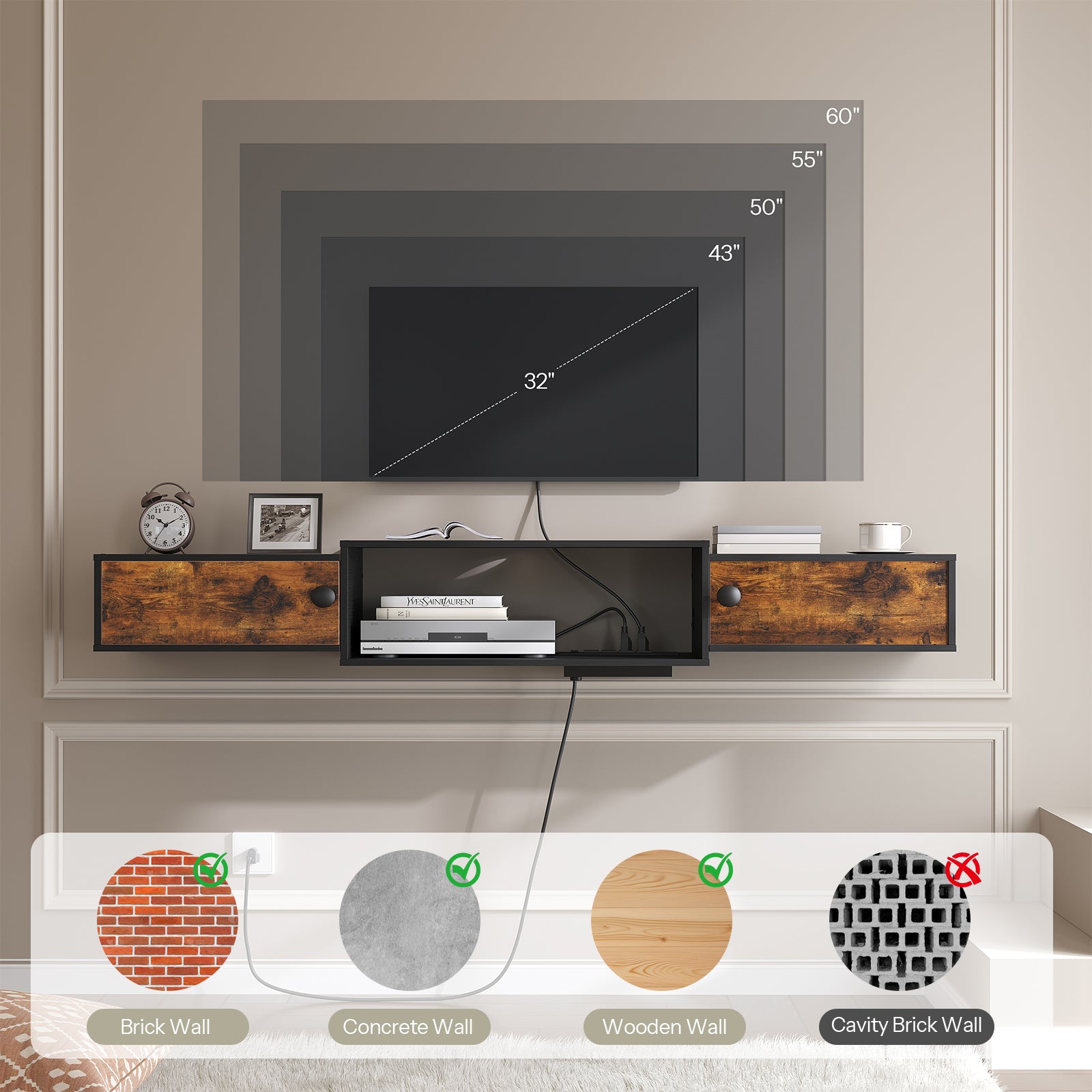 Smart TV with a control panel displaying wall material options on a neutral wall.