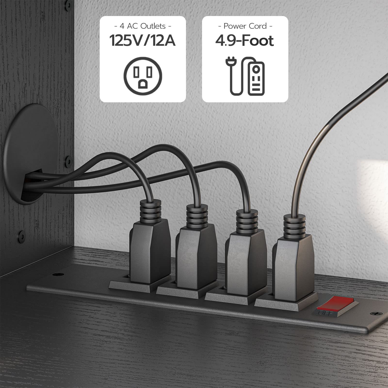 Wall-mounted power strip with multiple outlets and a power cord, featuring specifications on a neutral background.