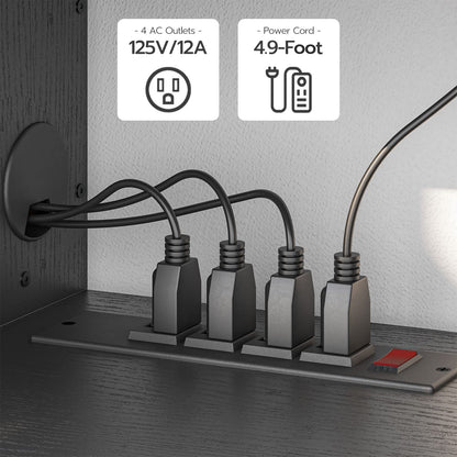 Wall-mounted power strip with multiple outlets and a power cord, featuring specifications on a neutral background.