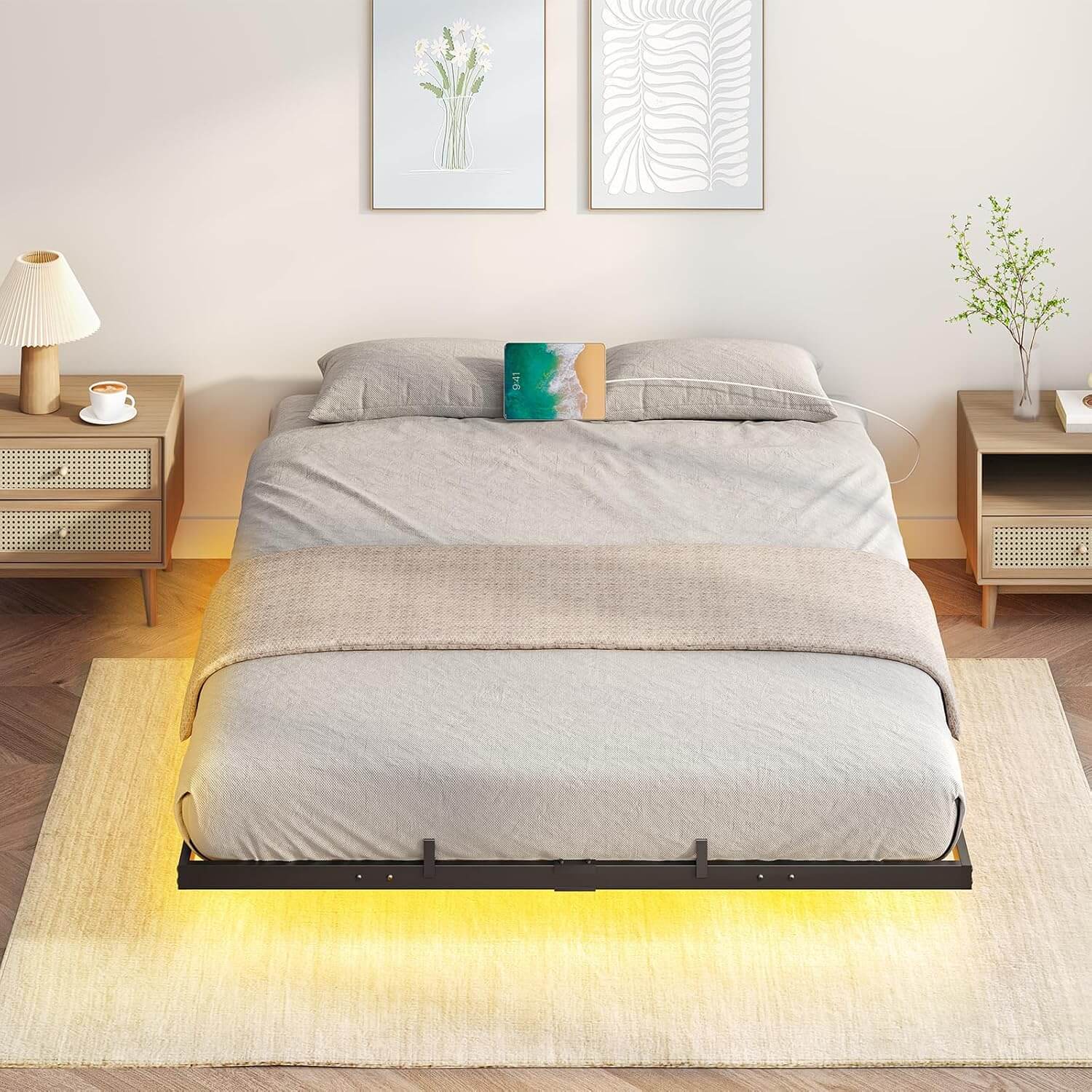 Modern bedroom with a platform bed, nightstands, and decorative elements.