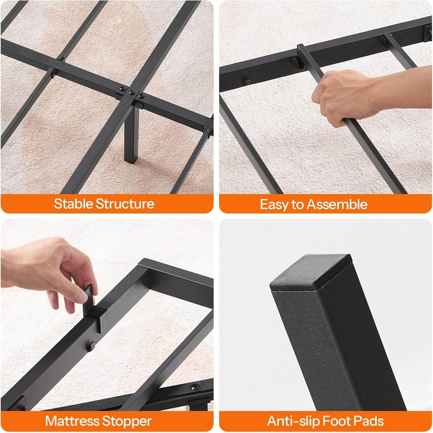 Bed frame assembly process with text highlighting stable structure, easy assembly, mattress stopper, and anti-slip foot pads.