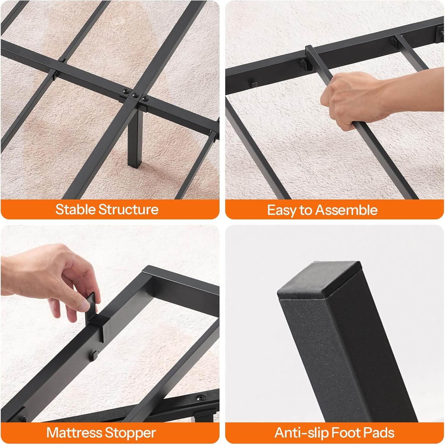Bed frame assembly process with text highlighting stable structure, easy assembly, mattress stopper, and anti-slip foot pads.