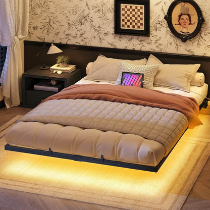 Modern bedroom with a platform bed, nightstands, and decorative wall art.