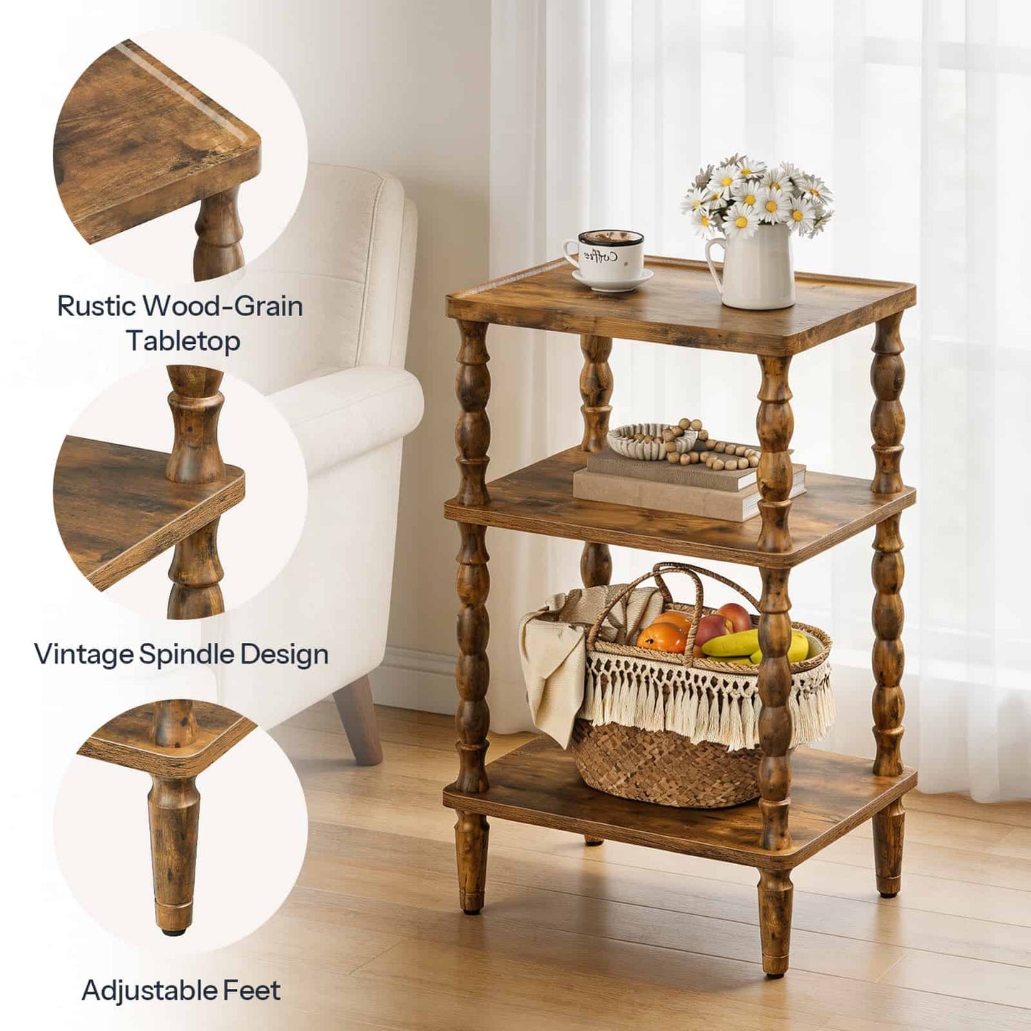 Multi-panel detail view highlighting the flush-front design, vintage spindle layout, and adjustable non-slip leveling feet.