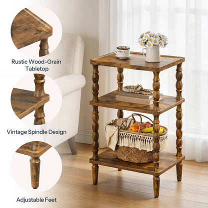 Multi-panel detail view highlighting the flush-front design, vintage spindle layout, and adjustable non-slip leveling feet.