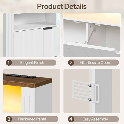 Multi-panel detail infographic showcasing fluted doors, gas lift struts, anti-scratch protective edge pads, and magnetic door catch hardware.