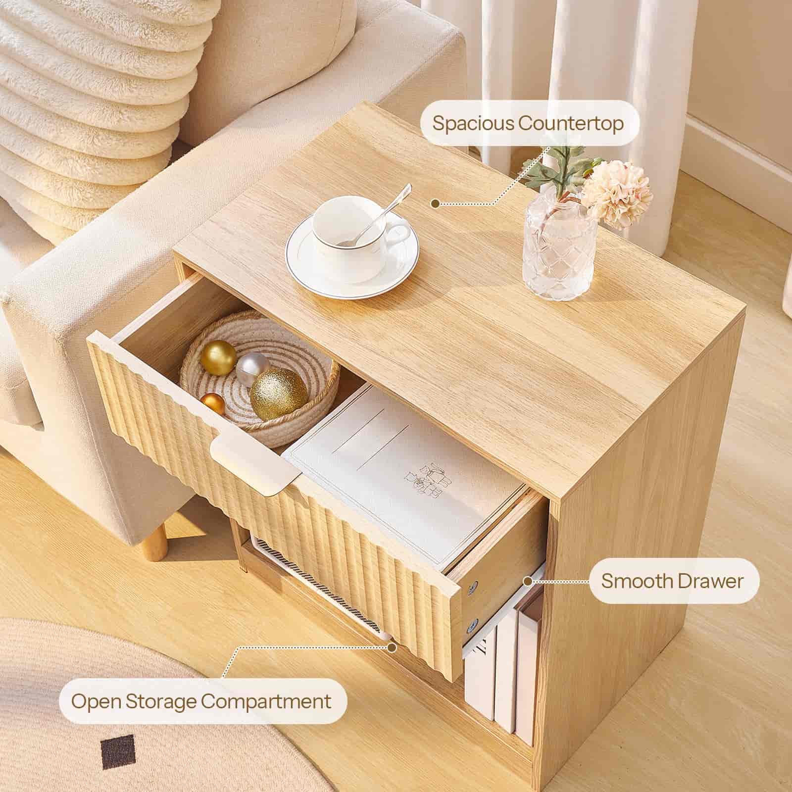 Wooden coffee table with open drawer and storage compartment in a living room setting