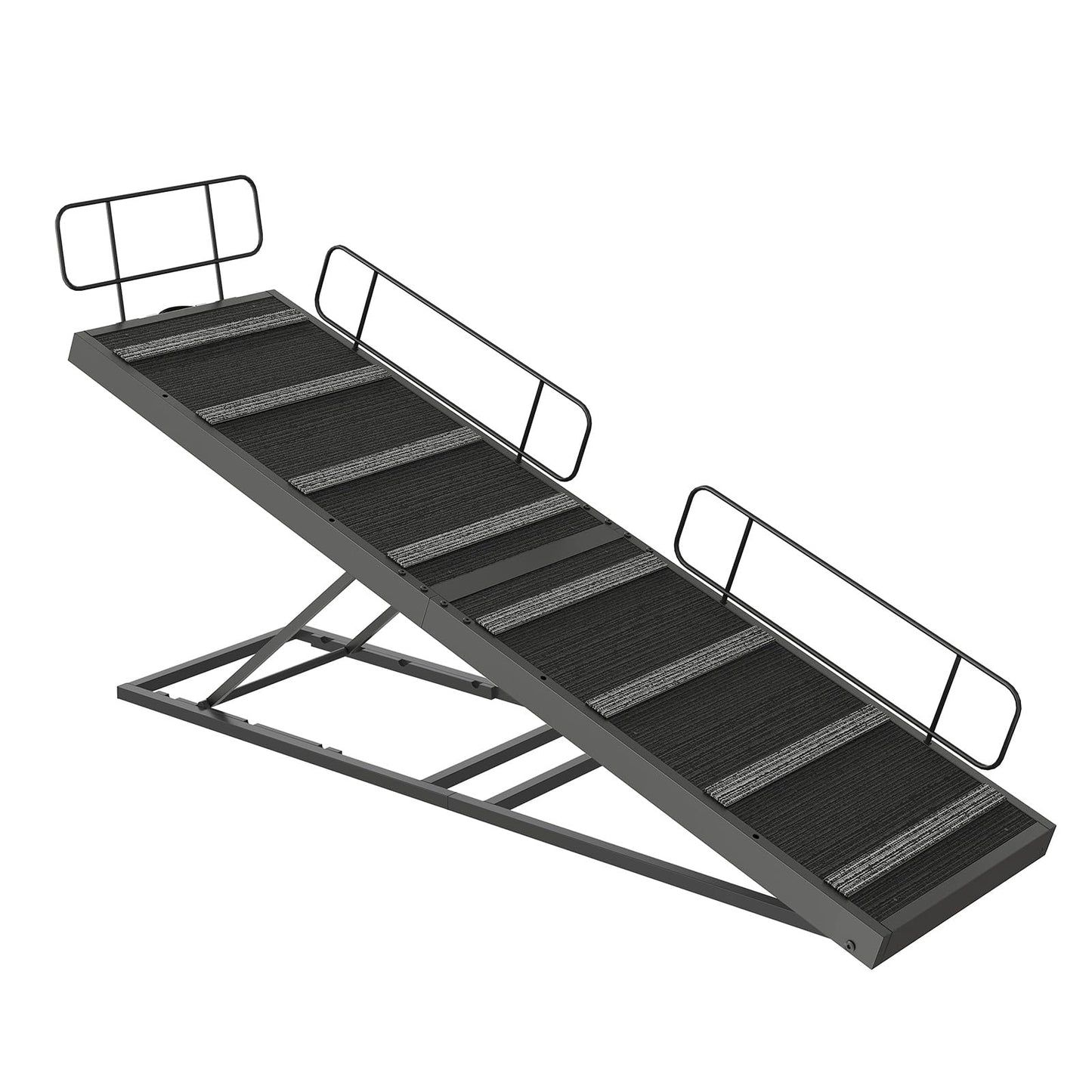 Sturdy foldable metal frame dog ramp with adjustable height mechanism for living room couch.