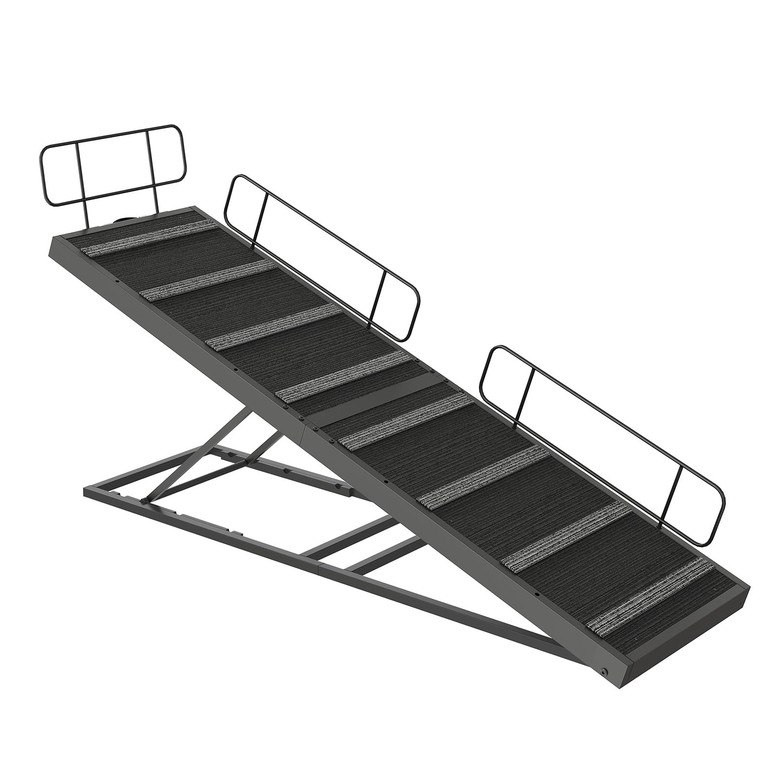 Sturdy foldable metal frame dog ramp with adjustable height mechanism for living room couch.