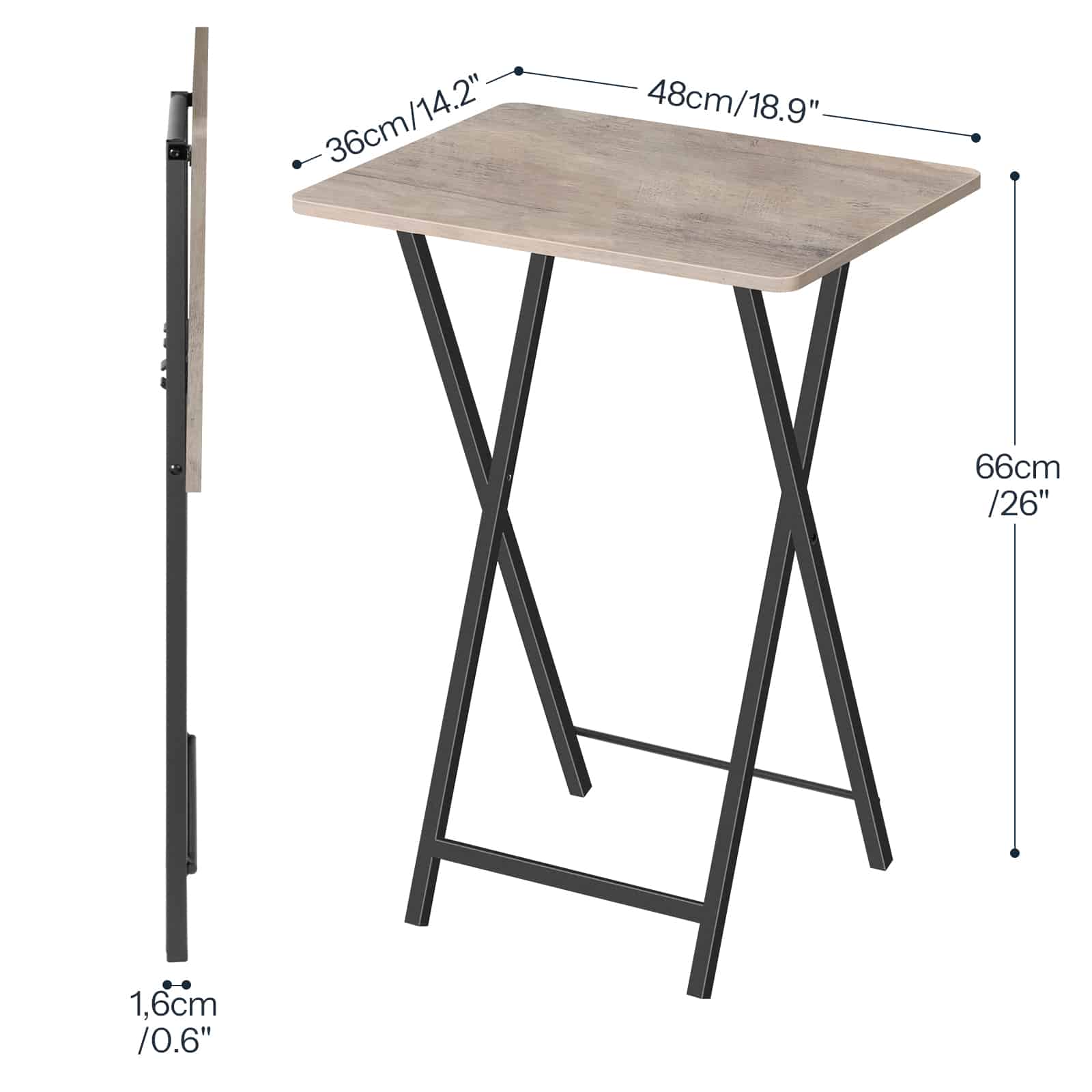 Detailed dimension chart of the folding end table showing its height, width, and an ultra-thin 4.5cm folded thickness.
