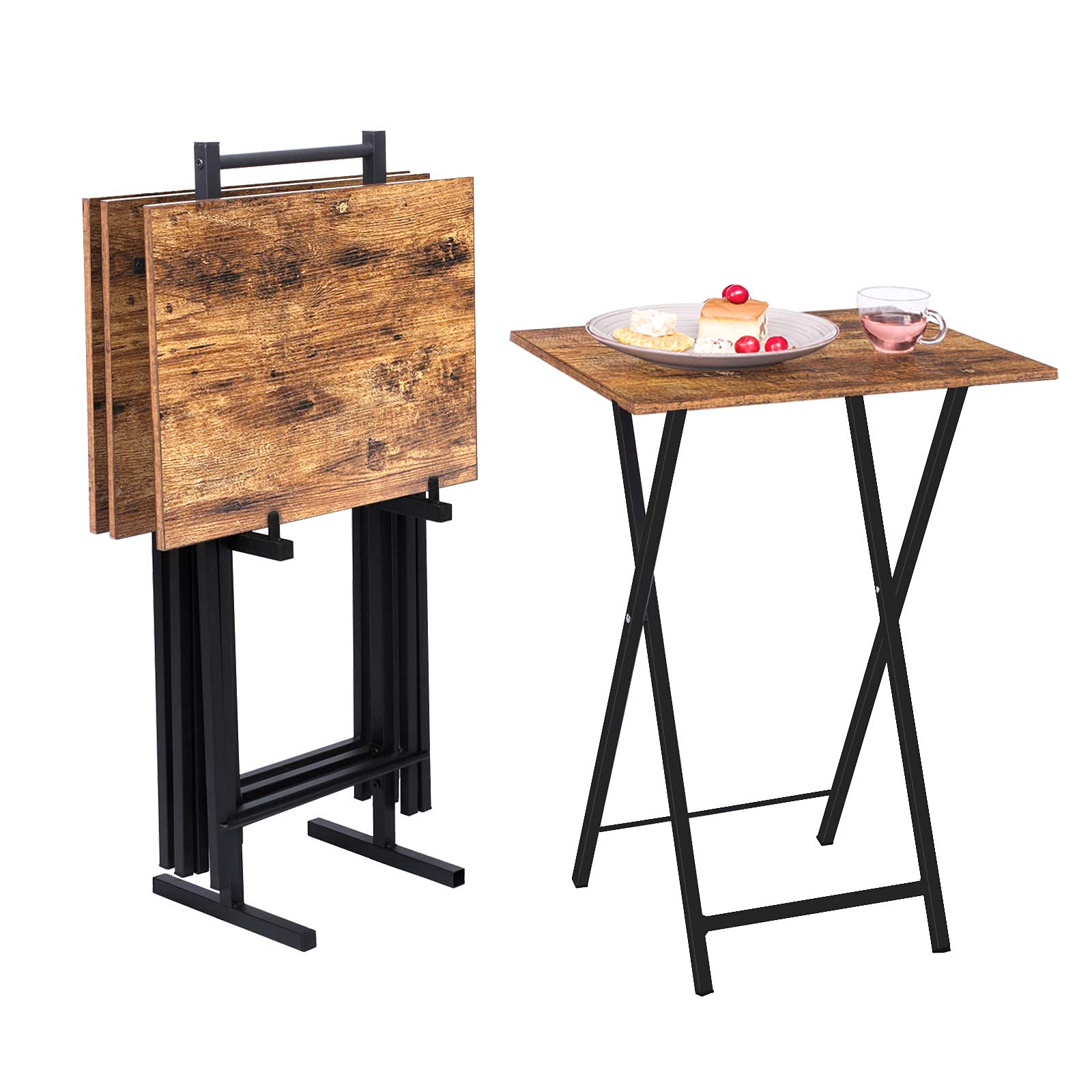 Folding snack tables for the living room showing one table collapsed on a rack and one holding food.