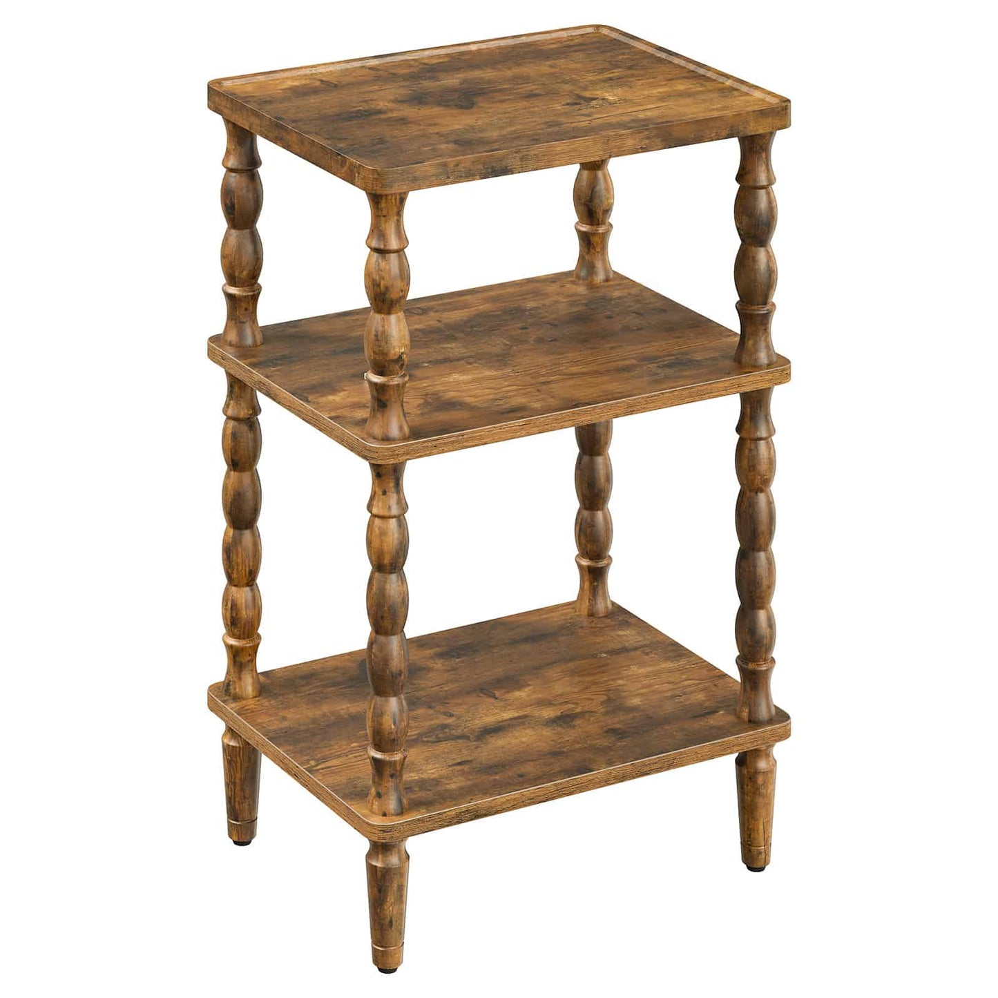 Front angled studio view of the freestanding empty antique brown 3-tier accent table showing its beautiful wood grain finish.