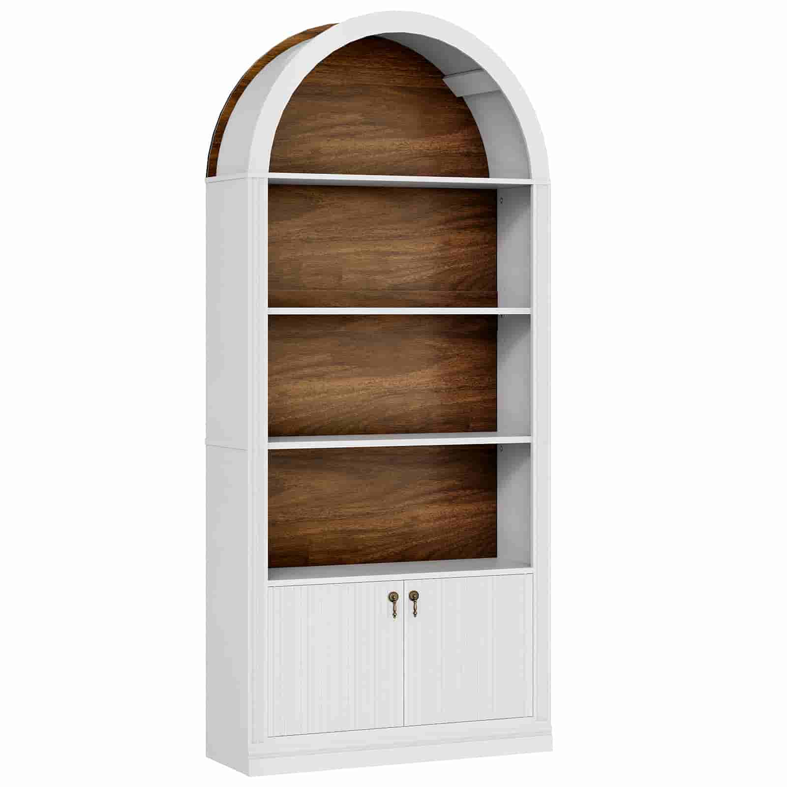 Front view of an empty arched display shelf featuring a dual-tone white frame and vintage brown wood grain backing.