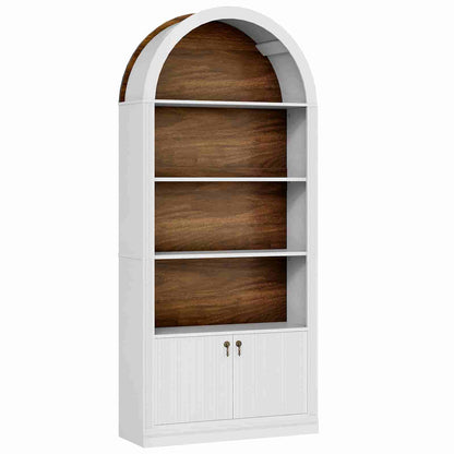 Front view of an empty arched display shelf featuring a dual-tone white frame and vintage brown wood grain backing.