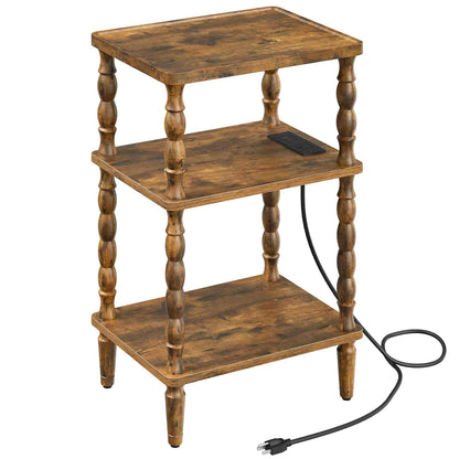 Front angled studio view of the freestanding rustic 3-tier telephone stand showing the built-in charging panel and power cord.