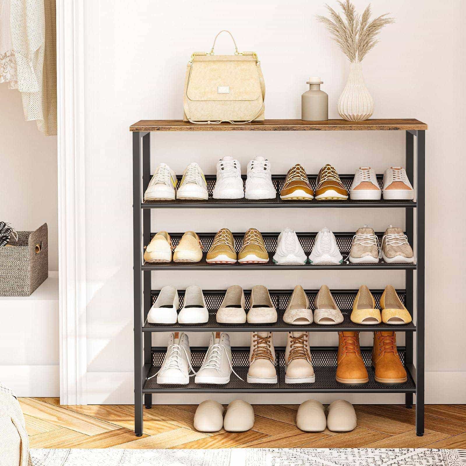 Freestanding rustic brown shoe rack bench standing against a light-colored wall, styled beautifully with shoes and home decors.