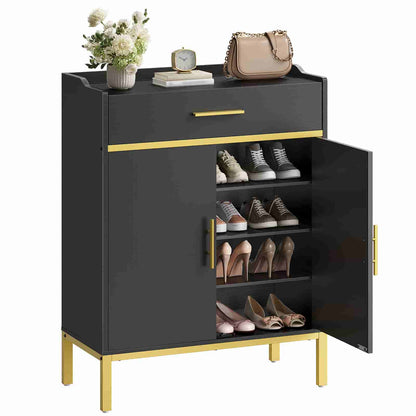 Studio shot of a black freestanding shoe cabinet with open doors and a pulled-out drawer displaying organized shoes.