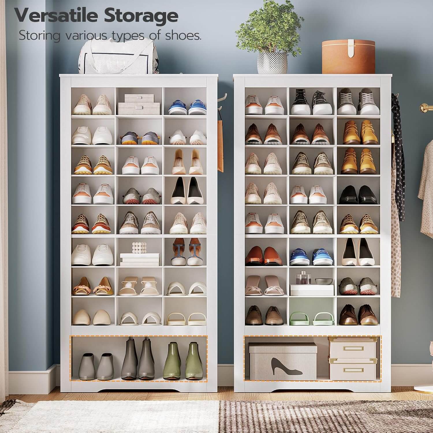 Two white freestanding shoe organizer cabinets placed side-by-side inside a walk-in closet wardrobe.