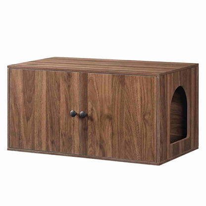 Studio shot of a closed freestanding walnut wood cat litter box washroom cabinet with sleek black handles.