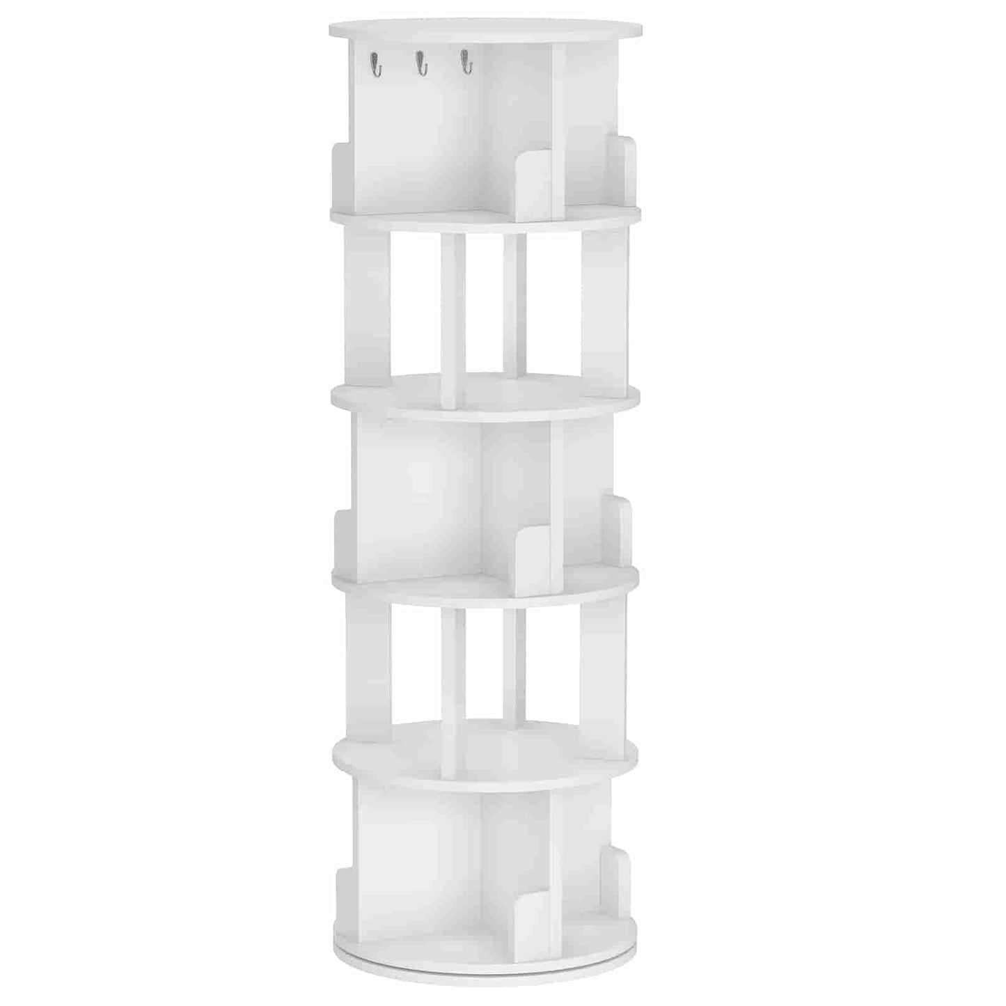 Studio shot of a 5-tier freestanding white revolving bookcase tower on a clean white background.