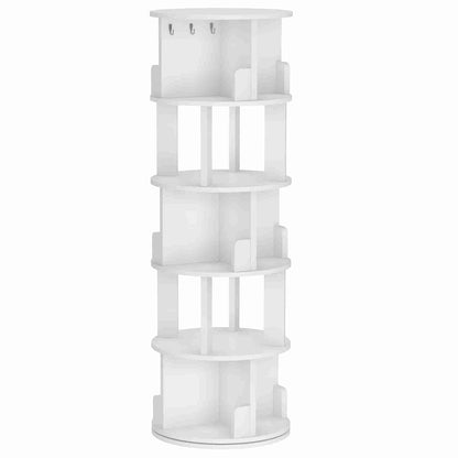 Studio shot of a 5-tier freestanding white revolving bookcase tower on a clean white background.