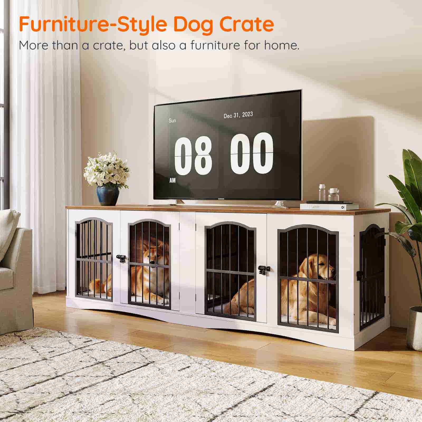 Furniture-style dog crate in a living room setting with dogs inside.