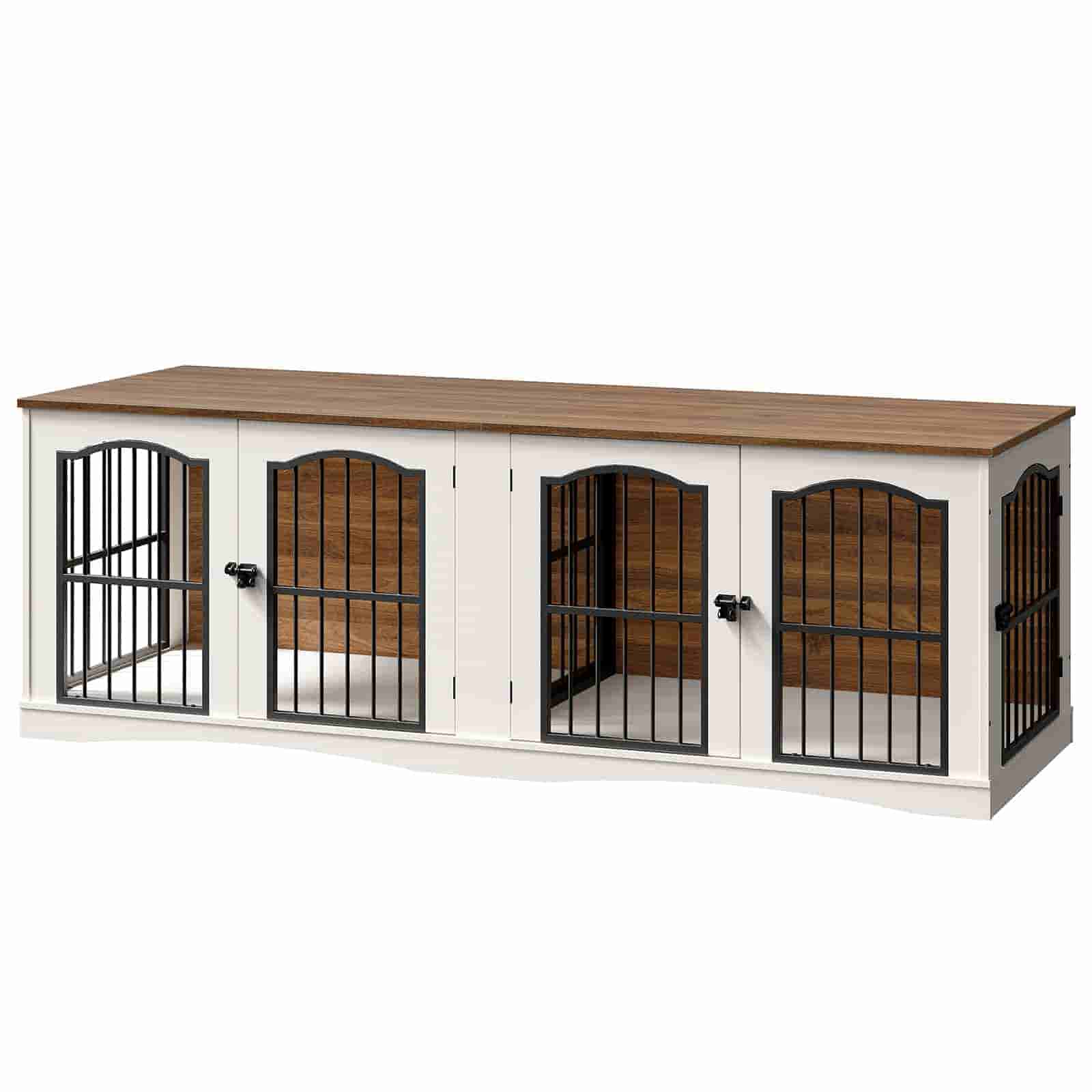 Wooden pet enclosure with multiple compartments on a white background